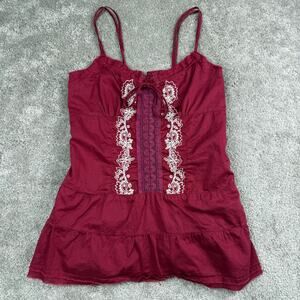 Mossimo Burgundy Red Lace Embroidered Tie Front Tiered Tank Top Size XS Coquette